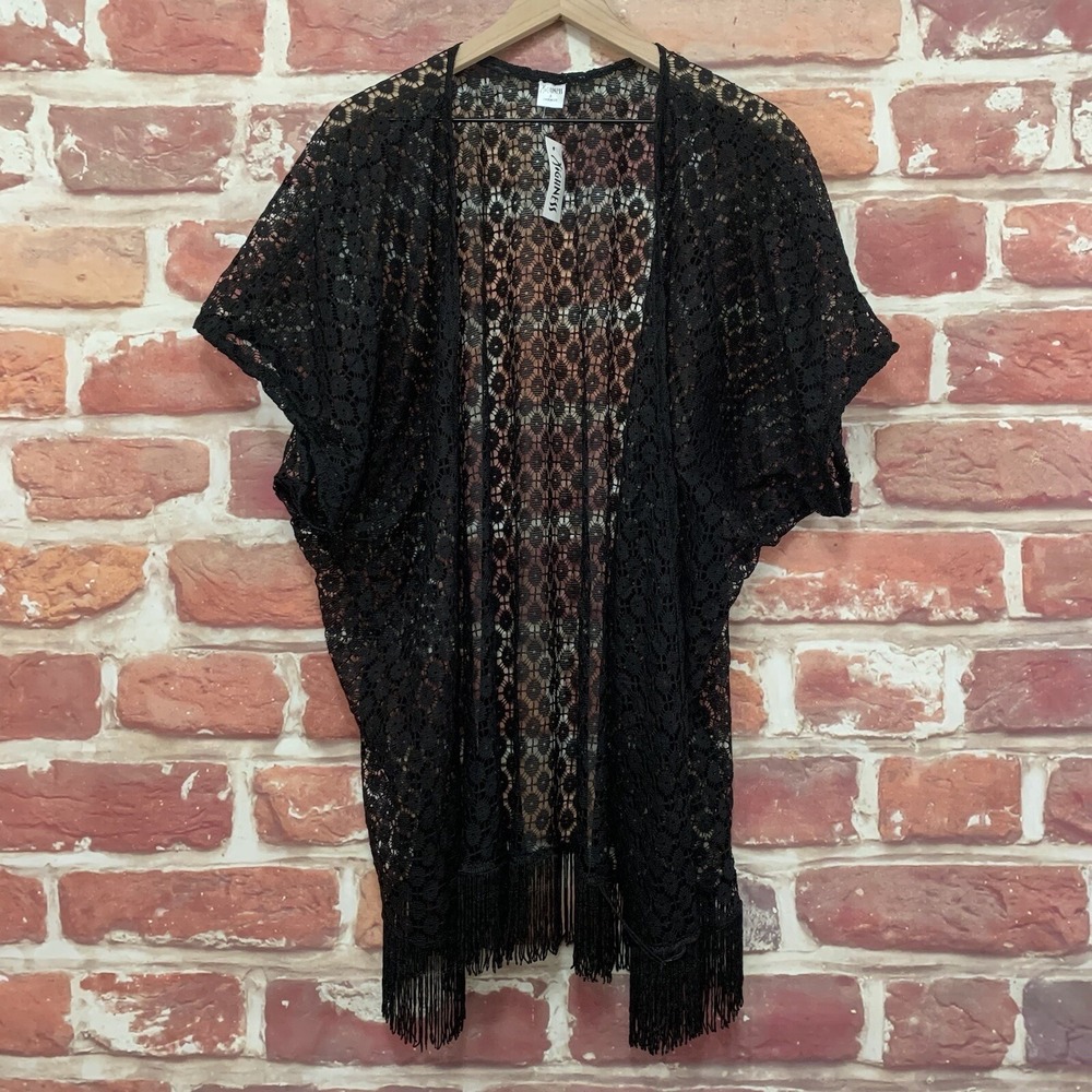Highness Kimono Top Women's OS Plain Black Boho Floral Sheer Beachy Fringe Shrug
